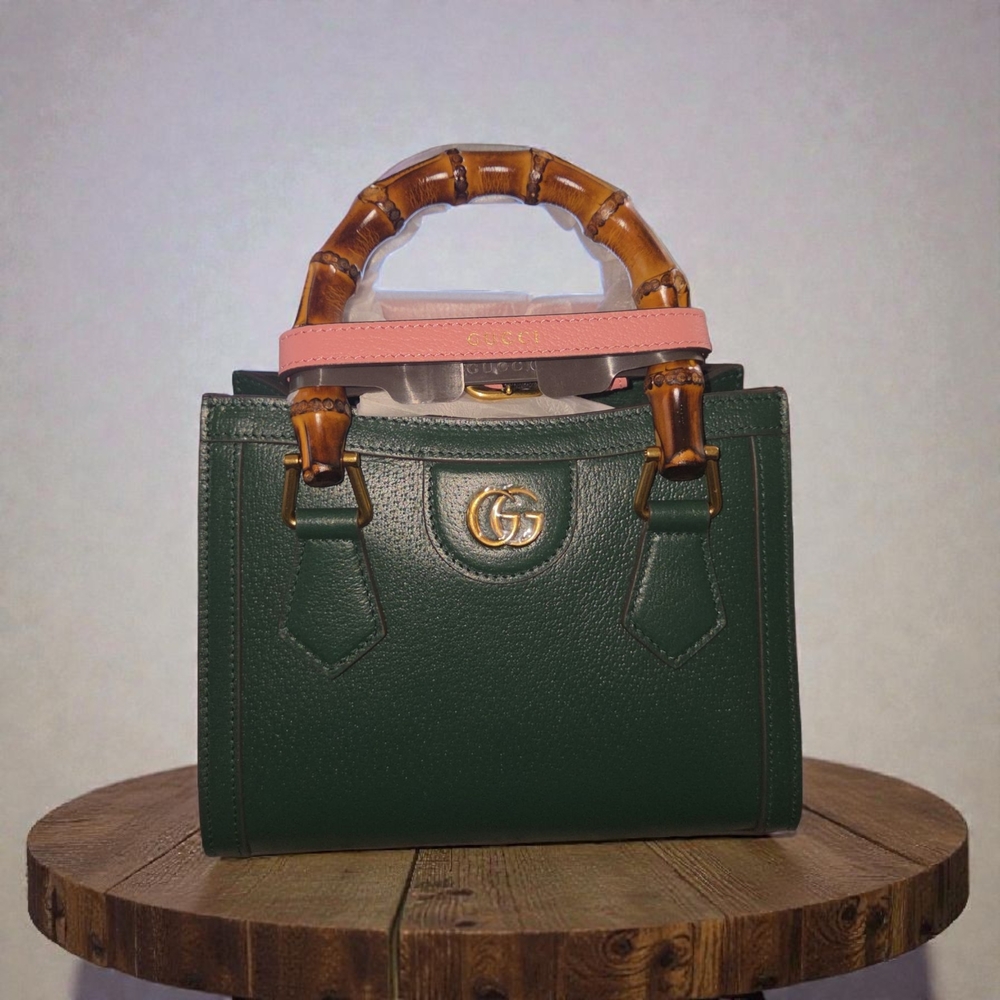 Gucci Green Satchel with Bamboo and Pink Accents